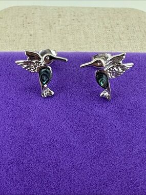 💛 Silver Tone Hummingbird w/ Abalone Inlay Earrings | Nature Lover